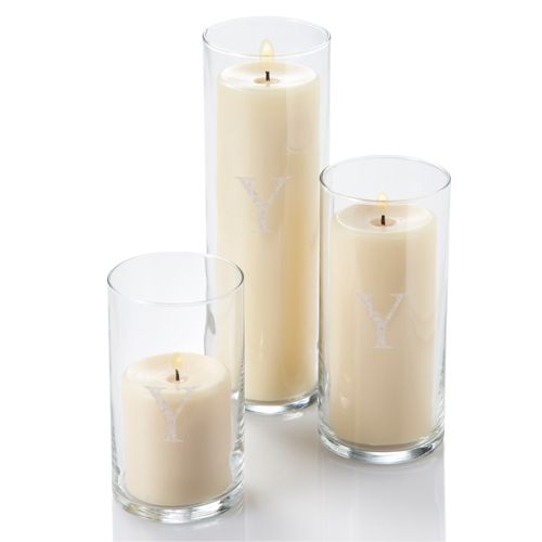 Set of 3 Engraved Glass Cylinder & 3 Ivory Pillar Candles, Custom Vases