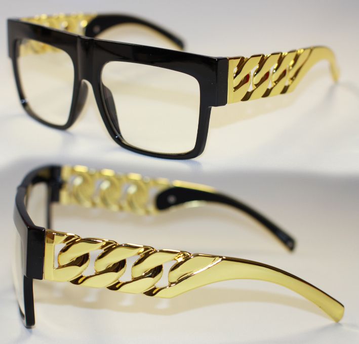 Cuban Link Sunglasses Black Gold Chain Chunky Metal Nerd Clear Lenses
