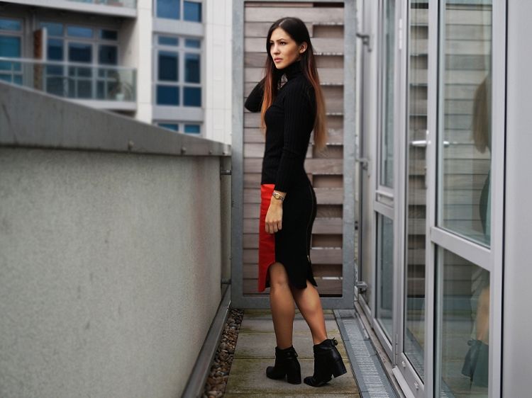 asymmetrical red and black skirt, black ankle boots, Euriental