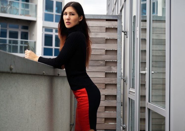 asymmetrical red and black skirt, black ankle boots, Euriental