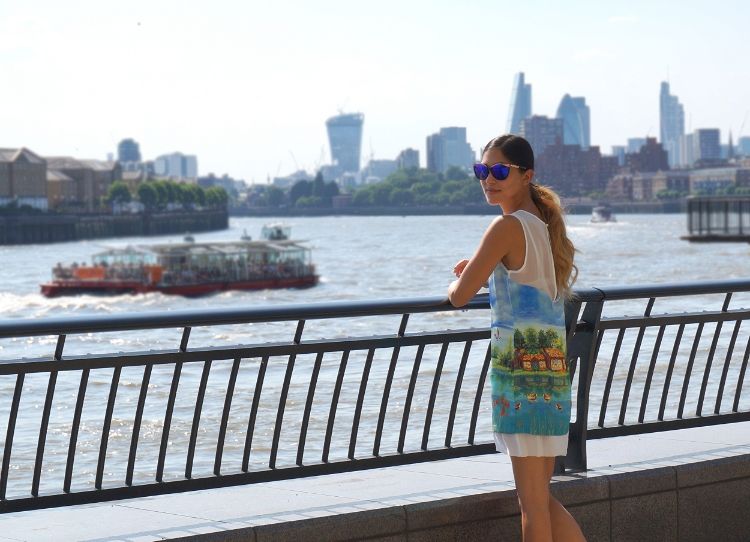Euriental - London fashion blogger, Diesel mirrored sunglasses, printed shift dress with painting of lake, Canary Wharf, outfit,