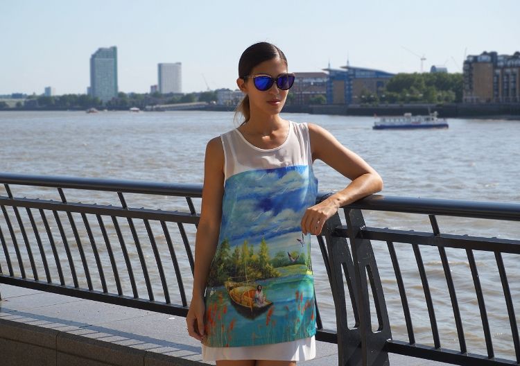 Euriental - London fashion blogger, Diesel mirrored sunglasses, printed shift dress with painting of lake, Canary Wharf, outfit