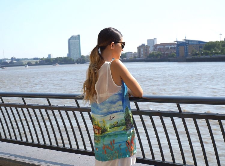 Euriental - London fashion blogger, Diesel mirrored sunglasses, printed shift dress with painting of lake, Canary Wharf, outfit