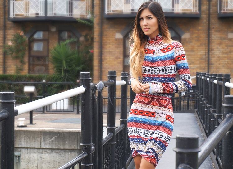 Euriental - London fashion blogger, outfit of the day, wearing Kenzo eye dress with wrap detail and Vince Camuto snakeprint mules.