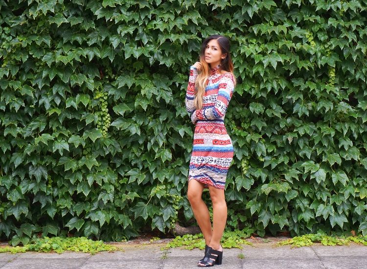 Euriental - London fashion blogger, outfit of the day, wearing Kenzo eye dress with wrap detail and Vince Camuto snakeprint mules.
