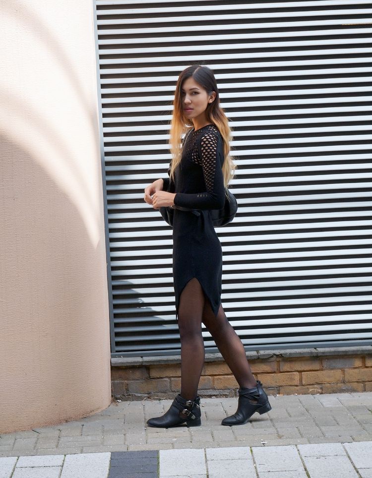 Euriental - London fashion blogger, perforated netted black jumper dress with a Chloe Marcie black bag.