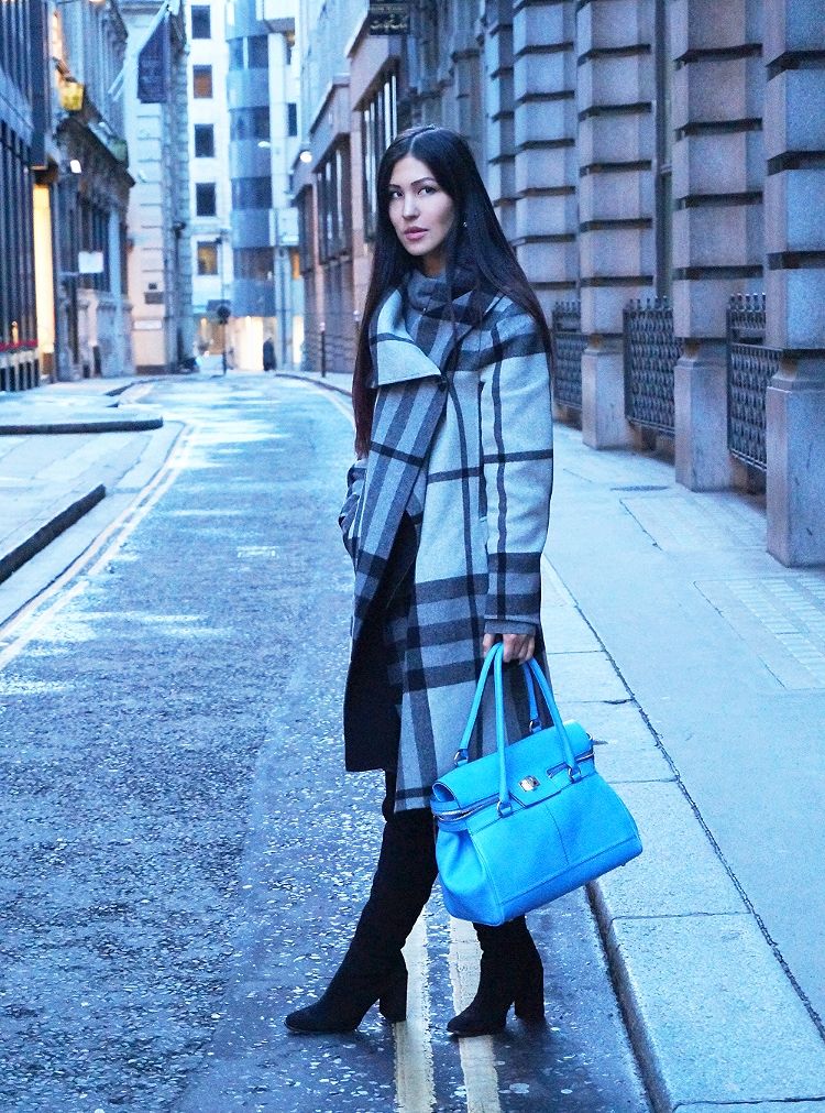 Euriental || fashion & luxury travel || checkered coat, Zara black knee high boots, Maxmara blue bag
