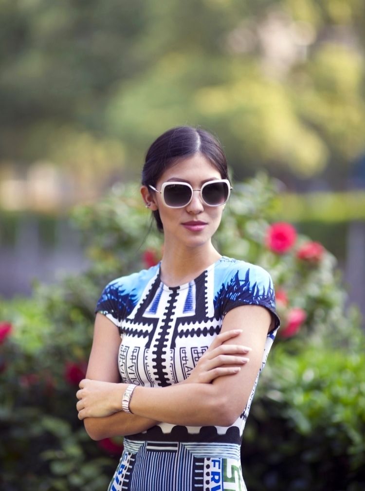 Euriental | fashion & luxury travel | walking the dog (German Shephard) in Mary Katrantzou dress, ASOS white sandals and Prada white sunglasses.