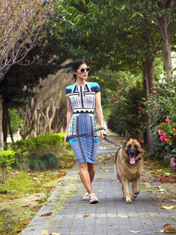 Euriental | fashion & luxury travel | walking the dog (German Shephard) in Mary Katrantzou dress, ASOS white sandals and Prada white sunglasses.