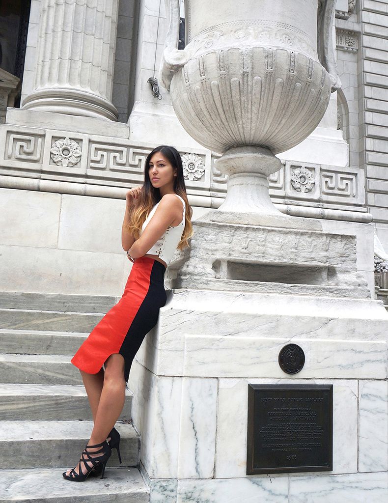 Euriental | fashion & luxury travel | red pencil skirt and lace up top, New York Public Library
