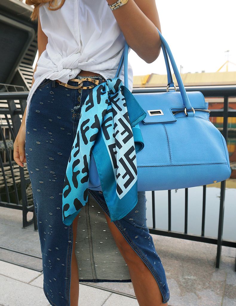 Euriental | fashion & luxury travel | denim midi skirt and white blouse with Maxmara bag & Fendi silk scarf