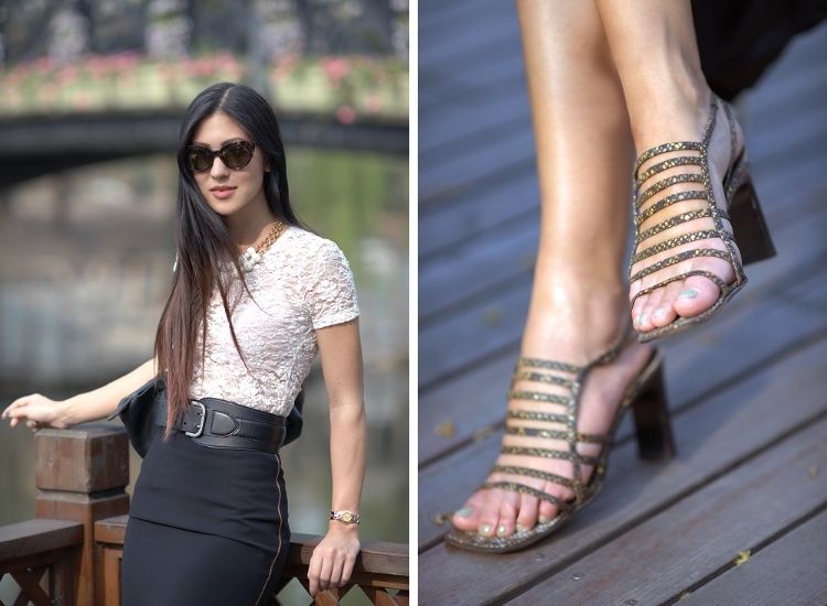 Euriental || fashion & luxury travel || wearing lace tshirt, Folli Follie necklace, gold zip pencil skirt, Diesel sunglasses and snake print strappy sandals in Shanghai