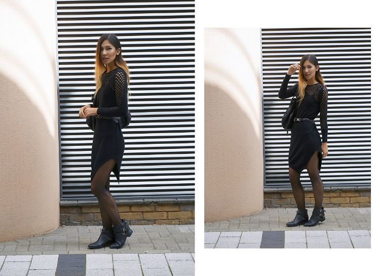 Euriental - London fashion blogger, perforated netted black jumper dress with a Chloe Marcie black bag.
