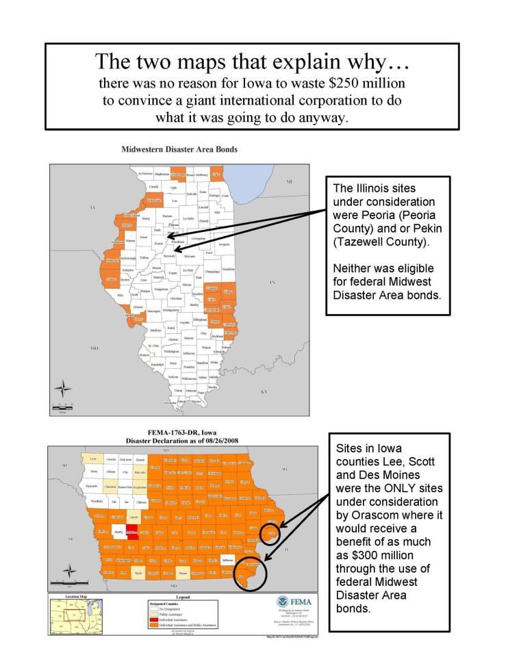 maps on fertilizer plant deal, Maps presented by Iowa State Senator Joe Bolkcom to illustrate why it was a bad deal to offer a multinational corporation hundreds of millions of dollars to invest in Iowa.