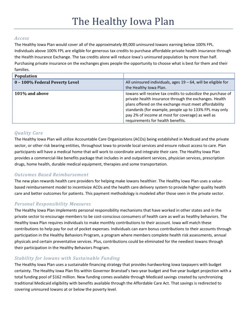 Branstad Healthy Iowa Plan, Governor Terry Branstad's alternative to expanding Medicaid in Iowa