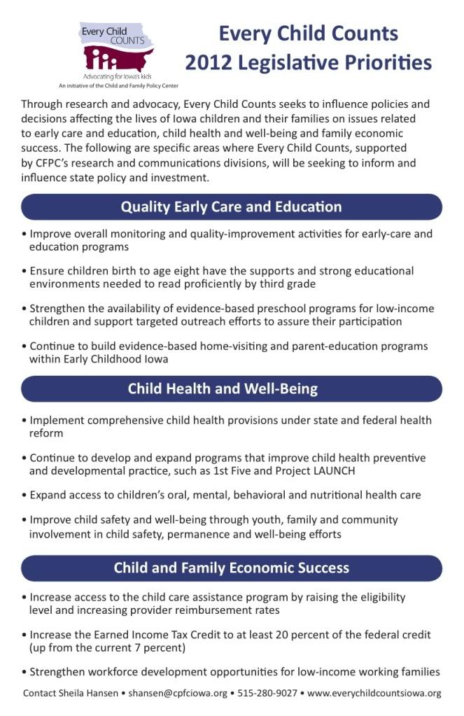 Every Child Counts 2012 legislative priorities, Legislative priorities for Every Child Counts, a project of the Child and Family Policy Center in Des Moines, Iowa.