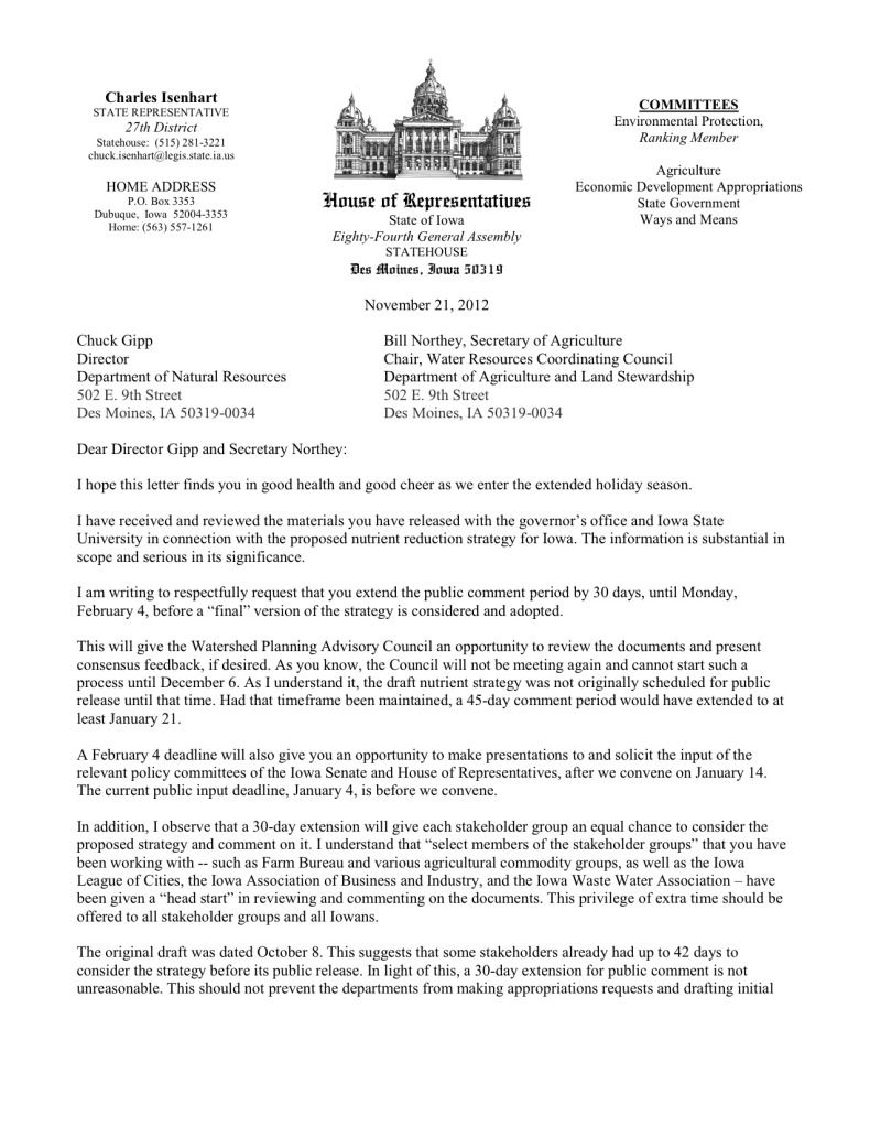 Isenhart letter on Nutrient Strategy, State Representative Chuck Isenhart asks for extension of public comment period on Iowa's new strategy for keeping nutrients out of water.