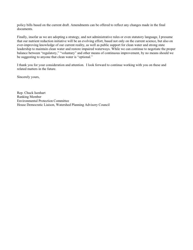 Isenhart letter on Nutrient Strategy, State Representative Chuck Isenhart asks for extension of public comment period on Iowa's new strategy for keeping nutrients out of water.