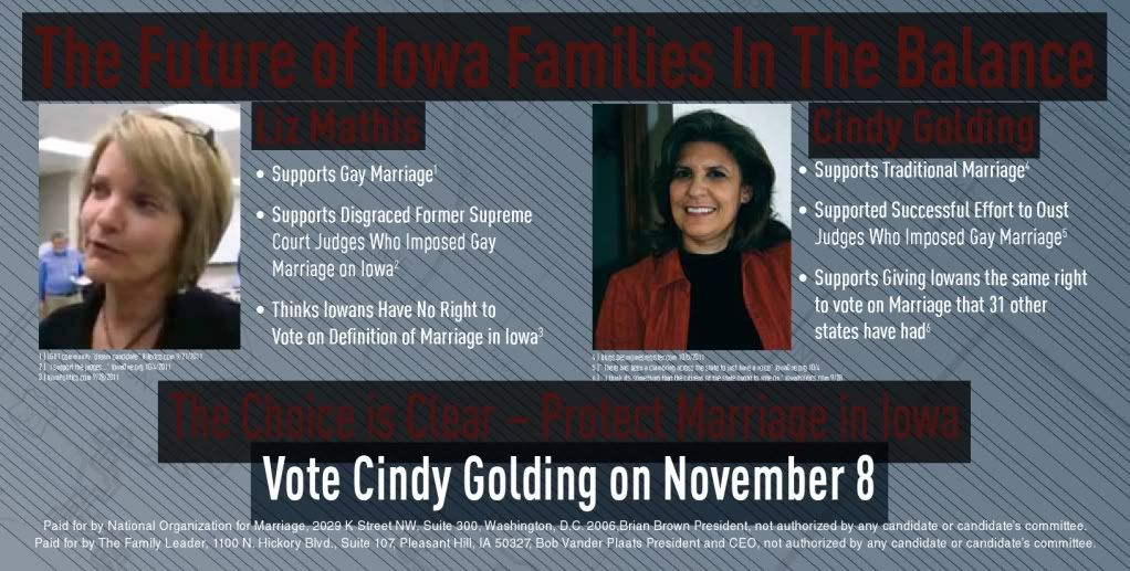 Liz Mathis,Cindy Golding,LGBT,gay marriage,marriage equality,NOM,National Organization for Marriage,Iowa,Iowa politics,Iowa Senate,2011 elections