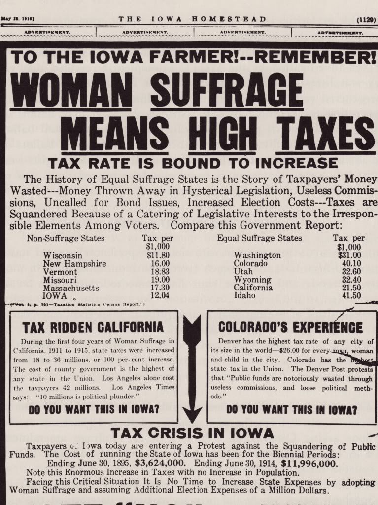 anti-suffrage Iowa ad, Full-page ad that appeared in the Iowa Homestead, May 1916.