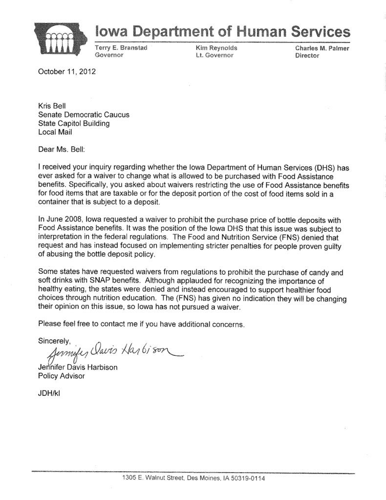 DHS letter on water bottles, Iowa Department of Human Services official explains policy on restricting use of food assistance benefits for bottled water