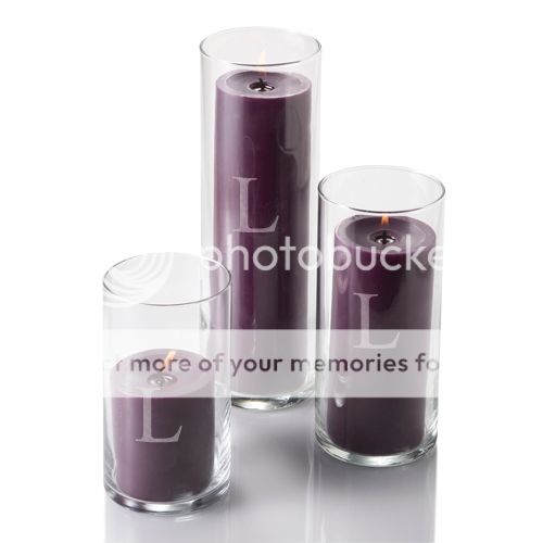 Set of 3 Engraved Glass Cylinder & 3 Purple Pillar Candles, Custom 